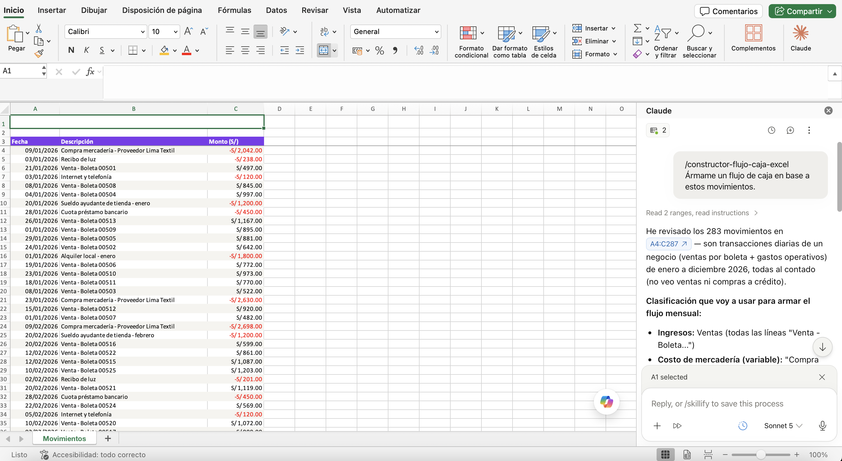 Flujo de caja con movimiento con Claude en Excel